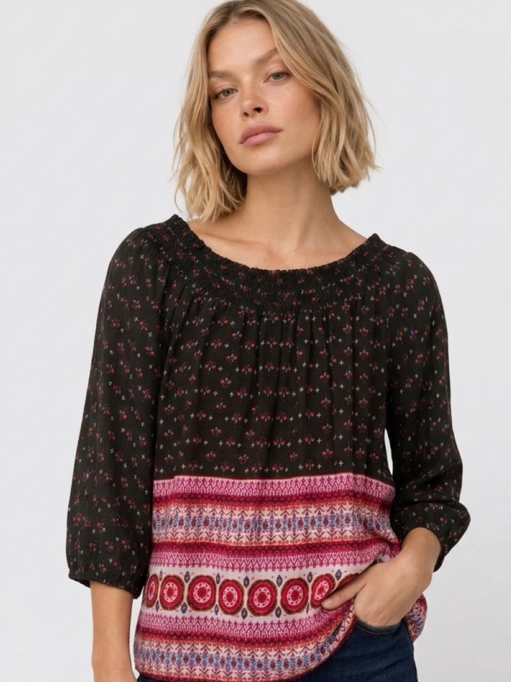 Boho Off-Shoulder Peasant Top - Black with Pink Border